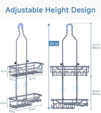 Upgraded Extended Length Shower Caddy Over Showerhead No Blocking to Showerhead, Rustproof Bathroom Organizers and Storage with Hooks Shampoo Soap Holder, Large Hanging Caddy, Grey