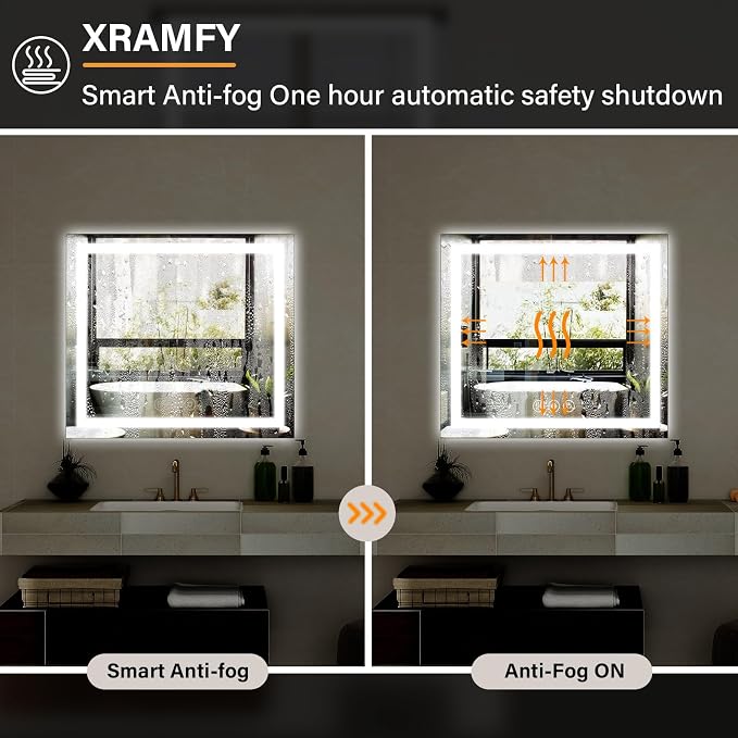 XRAMFY 36"X36"LED Bathroom Mirror, Backlit + Front Lit Wall Mirror | LED Bathroom Mirror with Lights for Wall, 3 Colors, Anti-Fog, Dimmable Brightness, Tempered Glass