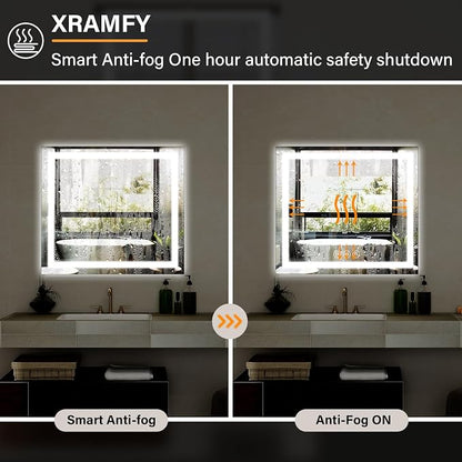XRAMFY 36"X36"LED Bathroom Mirror, Backlit + Front Lit Wall Mirror | LED Bathroom Mirror with Lights for Wall, 3 Colors, Anti-Fog, Dimmable Brightness, Tempered Glass