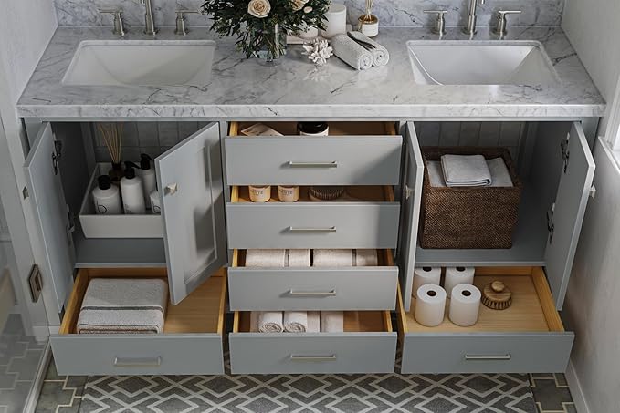 ARIEL Cambridge 66-inch Bathroom Vanity with Sink,Solid Wood, 1.5-inch Italian Carrara Marble Countertop, Double Rectangular Porcelain Sink, 4 Soft Closing Doors, 6 Dovetail Drawers, Grey