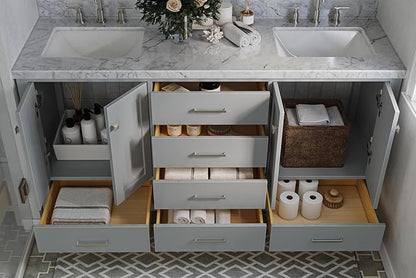 ARIEL Cambridge 66-inch Bathroom Vanity with Sink,Solid Wood, 1.5-inch Italian Carrara Marble Countertop, Double Rectangular Porcelain Sink, 4 Soft Closing Doors, 6 Dovetail Drawers, Grey
