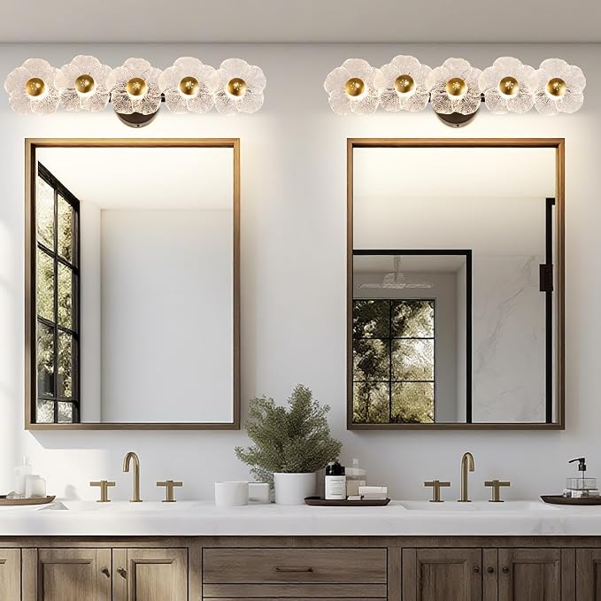 27" Bathroom Light Fixtures,Vanity Lights,Bathroom Vanity Light | 5 light,3CCT,Black Gold,LED,Daisy,Wall Sconces,Girly,Floral,Elegant,Fancy,for Restroom,Living Room,Bedroom,Mirror