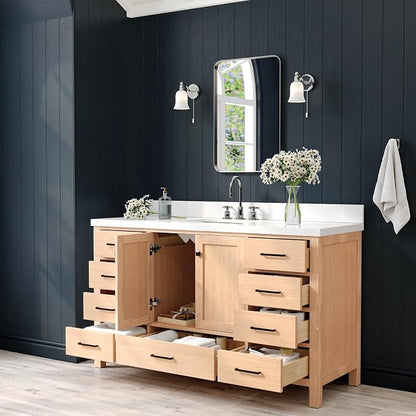 ARIEL Cambridge 60-inch Bathroom Vanity with Sink,Solid Wood, 1.5-inch Pure White Quartz Countertop, Single Rectangular Porcelain Sink, 2 Soft Closing Doors, 9 Dovetail Drawers, White Oak