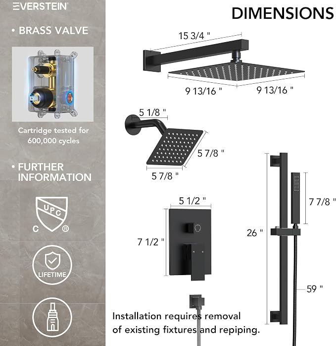 10" High-Pressure Rainfall Shower Faucet with Handheld Spray, Wall Mount Dual Shower Head System with Slide Bar (Matte Black)