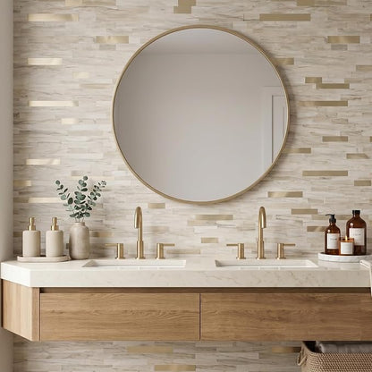 Yipscazo 10 Sheets Peel and Stick Stone Metal Tile Backsplash, Stick on Tiles for Backsplash Kitchen, Bathroom, Laundry Room, Camper, Fireplace (12'' X 12'', Beige Stone with Gold)