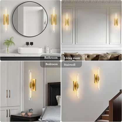 Champagne Brass Bathroom Wall Sconce: Modern Gold Indoor Dimmable Lighting | Clear Glass Tube Light Fixtures, Vertical or Horizontal Mounted Vanity Sconces for Living Room Bedroom Hallway