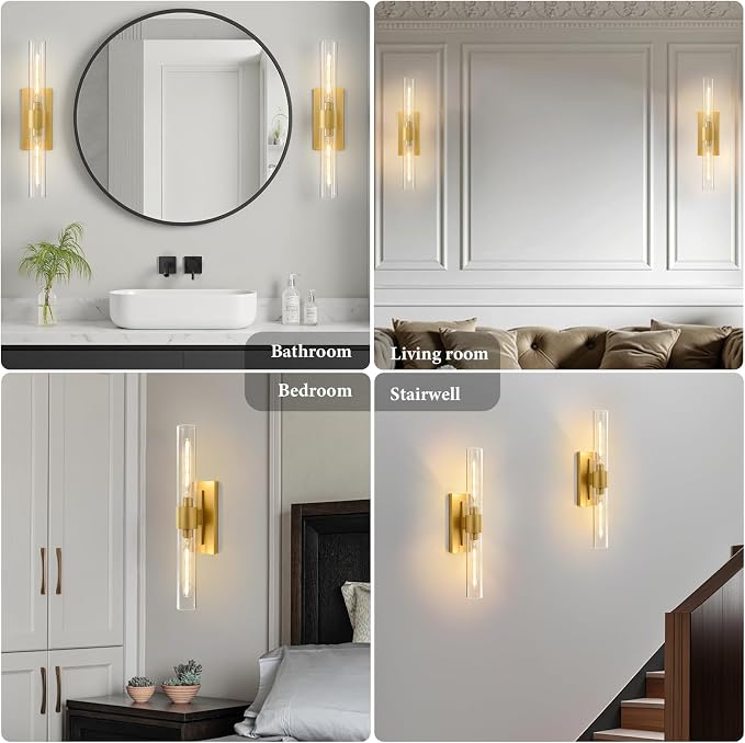 Champagne Brass Bathroom Wall Sconce: Set of 2 Modern Gold Decor Lighting | Clear Glass Tube Minimalist Vanity Sconces, Vertical or Horizontal Dimmable Brushed Light Fixture for Indoor Hallway Bedroom