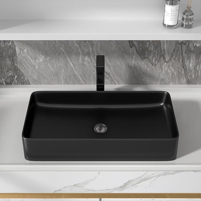 24"x14" Black Bathroom Vessel Sink Rectangular - Matte Black Porcelain Ceramic Rectangle Above Counter Vanity Lavatory Bath Sink Art Basin