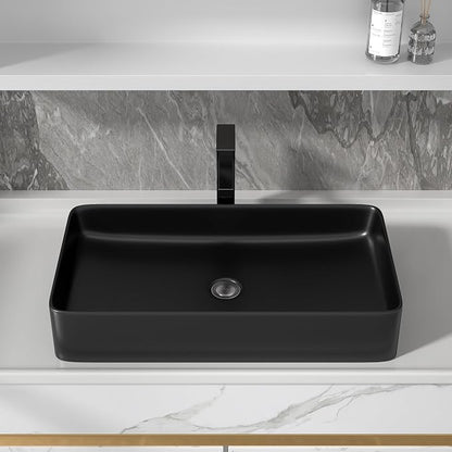 24"x14" Black Bathroom Vessel Sink Rectangular - Matte Black Porcelain Ceramic Rectangle Above Counter Vanity Lavatory Bath Sink Art Basin