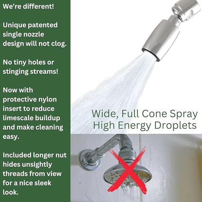 High Sierra® Classic™ Solid Metal 1.25 GPM Award Winning, Ultra Low Flow Shower Head. Patented Nozzle Never Clogs. Long Nut Hides Shower Arm Threads. Brushed Nickel Finish