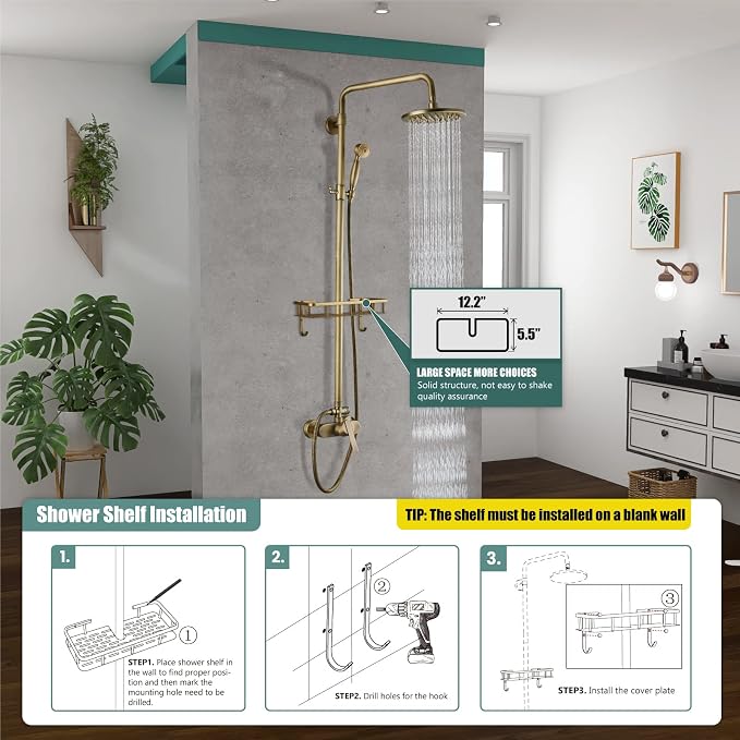 Heyalan Antique Brass Exposed Pipe Shower System 8 Inch Rainfall Shower Head Fixture Combo Set Single Handle with Handheld Sprayer Bathroom Shower Faucet Adjustable Showerhead Bar with Shower Shelf