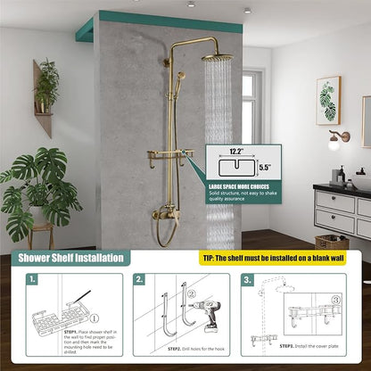 Heyalan Antique Brass Exposed Pipe Shower System 8 Inch Rainfall Shower Head Fixture Combo Set Single Handle with Handheld Sprayer Bathroom Shower Faucet Adjustable Showerhead Bar with Shower Shelf