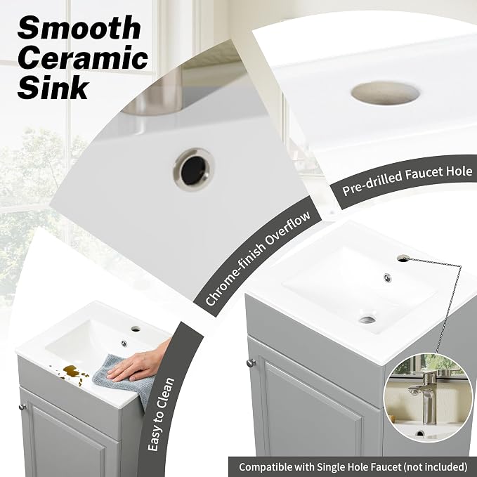 Christopher Knight Home Vanes Wood Frame 20" Bathroom Vanity with Ceramic Sink, Cabinet with Soft-Closing Door Shelf and Adjustable Shelf, Open Back, Metal Hardware, Storage/Organizer, Gray