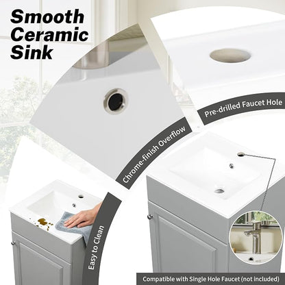 Christopher Knight Home Vanes Wood Frame 20" Bathroom Vanity with Ceramic Sink, Cabinet with Soft-Closing Door Shelf and Adjustable Shelf, Open Back, Metal Hardware, Storage/Organizer, Gray