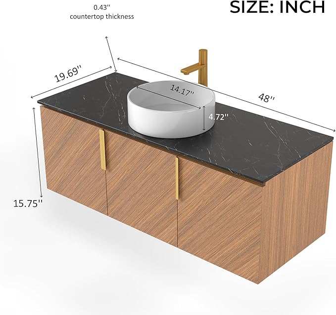LKTART 48 Inch Bathroom Vanity with Sink, Modern Wall Mounted Bathroom Sink with 3 Doors, Black Sintered Stone Countertop and White Round Ceramic Basin