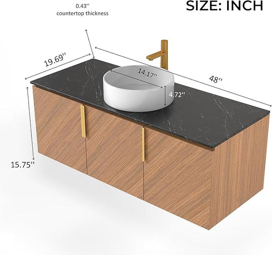 LKTART 48 Inch Bathroom Vanity with Sink, Modern Wall Mounted Bathroom Sink with 3 Doors, Black Sintered Stone Countertop and White Round Ceramic Basin