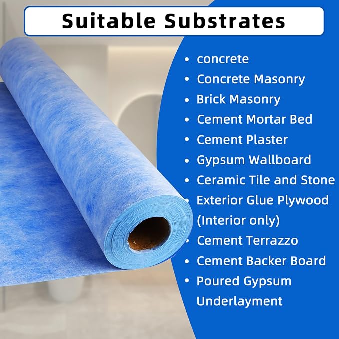 Shower Waterproofing Membrane Roll, 3.3x98.5 FT, 323 Sq Ft, 23.6 Mil | Blue HDPE membrane for tile shower walls, floors, bathrooms and saunas; bonds with thin-set mortar for reliable installation
