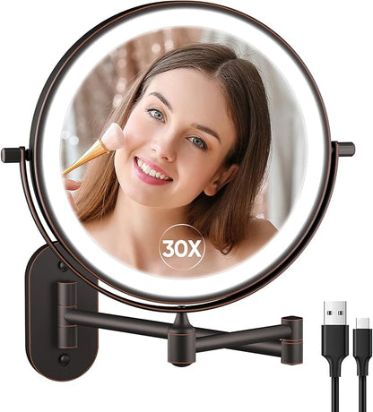 5000mAh Rechargeable Wall Mounted Lighted Makeup Mirror Double Sided 1X30X | Magnifying Bathroom Mirror, 3 Color Lighting, Touch Dimming, Extended Arm 360 Rotation Light up Mirror Antique Bronze