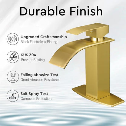 BESy Brushed Gold Waterfall Bathroom Faucets, Single Hole Single Handle Bathroom Sink Faucet, 1 Hole Rv Vanity Faucet 3 Hole Deck Plate