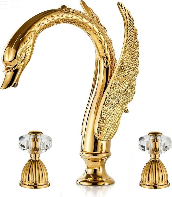 Swan Crystal Gold 3 Hole Vanity Brass 2 Handles 8 inch Cool Copper Widespread Unique Bathroom Sink Faucets, Ornate Restroom Taps Fixtures, 3 Pieces Bird Style Faucets (3 Hole, Golden)