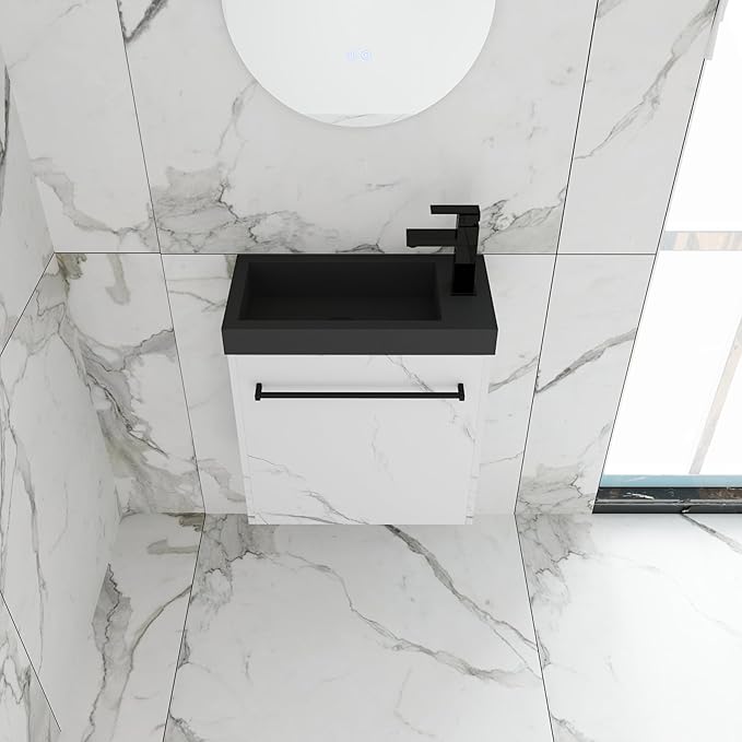 20'' Wall Mount Bathroom Vanity, 20 Inch Floating Single Sink Bathroom Combo, with Black Resin Sink and Soft Closing Cabinet Door and Open Storage Shelf, Carrara White