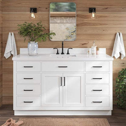 ARIEL Hepburn 60-inch Bathroom Vanity with Sink,Solid Wood, 1.5-inch Pure White Quartz Countertop & Backsplash, Single Rectangular Porcelain Sink, 2 Soft Closing Doors, 9 Dovetail Drawers, White
