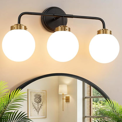 Modern Black and Gold Vanity Lights for Bathroom, Mid Century 3 Light Bathroom Vanity Light with Globe Milky White Glass Shade Over Mirror, Black and Gold Wall Sconce for Bathroom Hallway Living Room