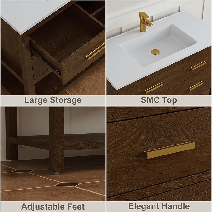 24 Inch Bathroom Vanity with Sink, Farmhouse Storage Cabinet with Drawers & Open Storage Shelf, Easy Assembly, Adjustable Feet, Walnut