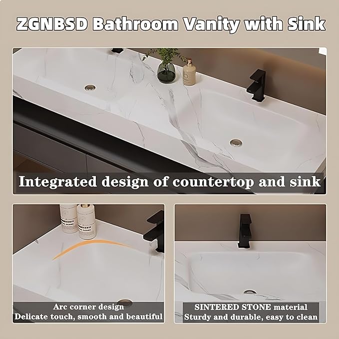 Bathroom Vanity with Sink - Single/Double Sink Bathroom Vanity Cabinet & LED Smart Defogger Mirror Cabinet Set, Modern Floating Vanity, Wall-Mounted Installation (52",Double Sink)