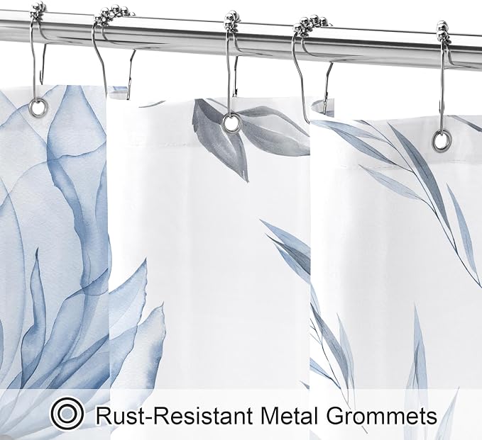 Blue Boho Floral Shower Curtain, Watercolor Botanical Design, 108 x 72 | Boho Floral Design, Watercolor Ink Painting Style, Botanical Flowers & Leaves, Elegant Bathroom Accent, Fabric Cloth Curtain