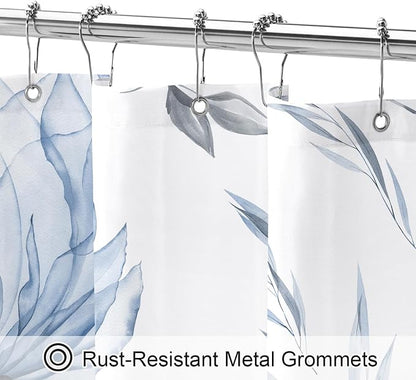 Blue Boho Floral Shower Curtain, Watercolor Botanical Design, 108 x 72 | Boho Floral Design, Watercolor Ink Painting Style, Botanical Flowers & Leaves, Elegant Bathroom Accent, Fabric Cloth Curtain
