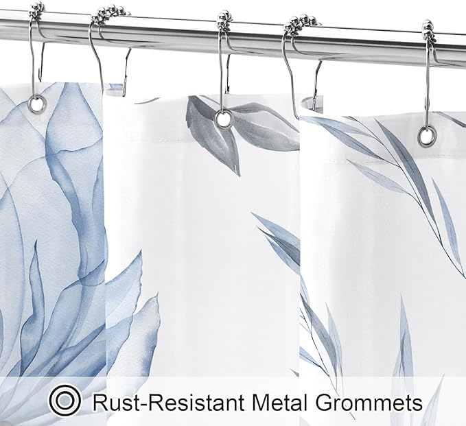Litabel Blue and Grey Boho Watercolor Floral Shower Curtain, Ink Painting Style Blossom & Leaf Shower Curtains for Chic Elegant Bathroom, Artistic Fabric Cloth Flower Shower Curtain, 48 x 72