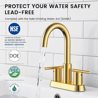 Brushed Gold Bathroom Faucet, 4 Inch 2 Handle Sink Faucet | Lead-free stainless steel, Gold, 2-handle control, 4" 3-hole centerset, Pop-up drain & hoses included, Fits RV vanity