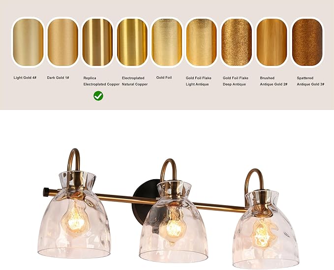 KSANA Modern Bathroom Light Fixtures, Vintage 3 Light Vanity Lights Over Mirror Black and Electroplated Brass Bathroom Vanity Light with Water Ripple Glass, 23" W
