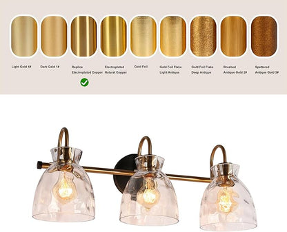 KSANA Modern Bathroom Light Fixtures, Vintage 3 Light Vanity Lights Over Mirror Black and Electroplated Brass Bathroom Vanity Light with Water Ripple Glass, 23" W