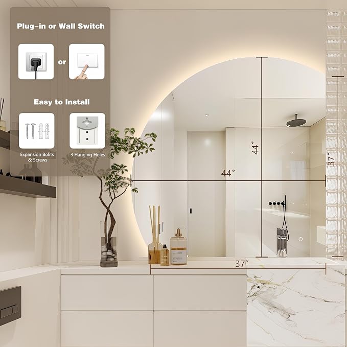 44" Half Moon LED Bathroom Mirror, Backlit Wall Mirror with Lights | Frameless Vanity Mirror with 3 Color Dimmable, Anti Fog, HD Shatter-Proof, IP65 Waterproof, Memory, CRI95+, Right/Left Cut