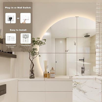 44" Half Moon LED Bathroom Mirror, Backlit Wall Mirror with Lights | Frameless Vanity Mirror with 3 Color Dimmable, Anti Fog, HD Shatter-Proof, IP65 Waterproof, Memory, CRI95+, Right/Left Cut