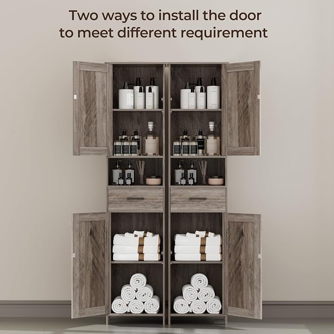 Homhedy 67" H Tall Bathroom Storage Cabinet with Barn Doors and Drawer | Narrow Storage Unit with Adjustable Shelves, Floor Cabinet for Bathroom, Living Room, Entryway or Kitchen, Greige, 15.7" W