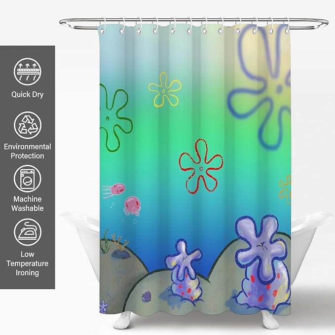 Cute Anime Cartoon Green Ocean Beach Kids Shower Curtain Set 72x78 Inches | Cute Anime Cartoon Green Ocean Beach Print, Gradient Underwater Housewarming Sea Lover Guest Kids Bathroom Decor, With Hooks