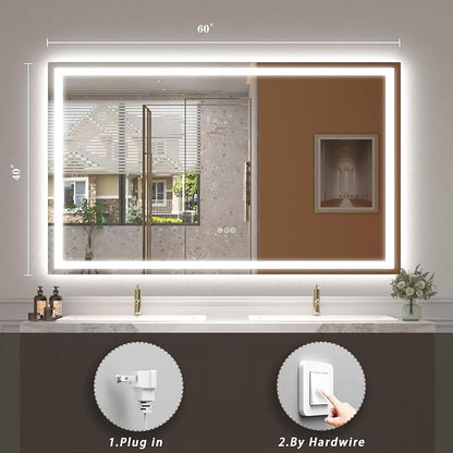 60x40 LED Lighted Bathroom Mirror for Vanity Wall | Front Light and Backlit, Anti-Fog, Memory, 3 Color, Tempered Glass, Dimmable, Rectangular, UL, Horizontal/ Vertical Mounted