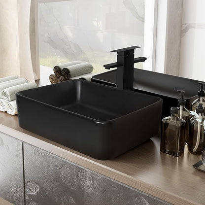 36 Inch Black Floating Bathroom Vanity with 2-Doors and 1-Drawer, Modern Wall Mounted Cabinet with Square Black Ceramic Vessel Sink