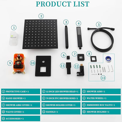SKOWLL Shower Faucets Sets Complete Ceiling Mount 12 Inch LED Shower Head System with Handheld, Bathroom Rainfall Shower Fixtures Valve Kit, 3 Color Changing Showerhead, Matte Black