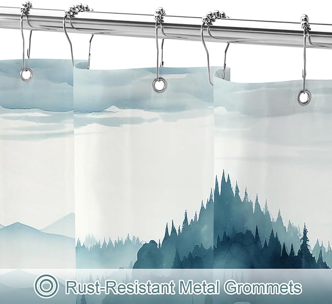 Litabel Peacock Blue Misty Pine Forest Shower Curtain, Mountain Foggy Woodland Scenery Tree Shower Curtains for Chic Rustic Bathroom, Abstract Modern Waterproof Nature-Themed Decor, 72x72 Inches