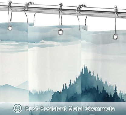Litabel Peacock Blue Misty Pine Forest Shower Curtain, Mountain Foggy Woodland Scenery Tree Shower Curtains for Chic Rustic Bathroom, Abstract Modern Waterproof Nature-Themed Decor, 72x72 Inches