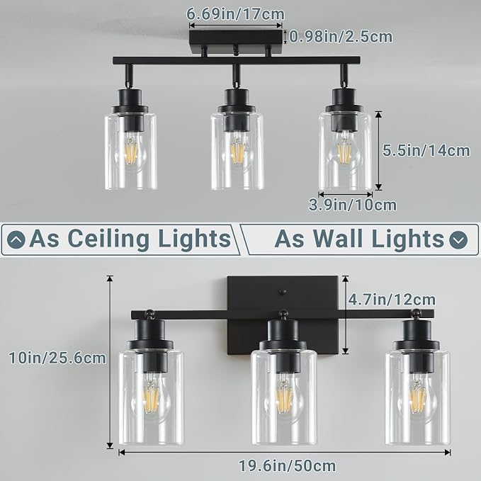 LOUSACE 3 Light Kitchen Track Light Fixtures Ceiling Vanity Lights Black, Bathroom Track Lighting Kit w/Rotatable Heads & Clear Glass Shade, Modern Wall Ceiling Tracking Light for Accent Shop Hallway