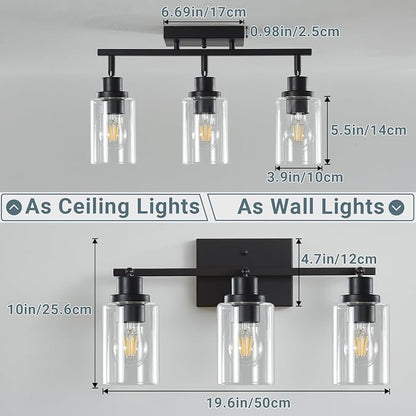 LOUSACE 3 Light Kitchen Track Light Fixtures Ceiling Vanity Lights Black, Bathroom Track Lighting Kit w/Rotatable Heads & Clear Glass Shade, Modern Wall Ceiling Tracking Light for Accent Shop Hallway