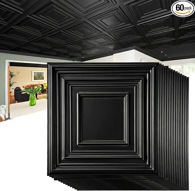 Nuanchu 60 Pcs Drop Ceiling Tiles 12x12 Inch, Glue up PVC Wall Panels,Black | Cuttable, Paintable, DIY, Waterproof, 3D Decorative Ceiling Panels for Bathroom Kitchen TV Background Living Room
