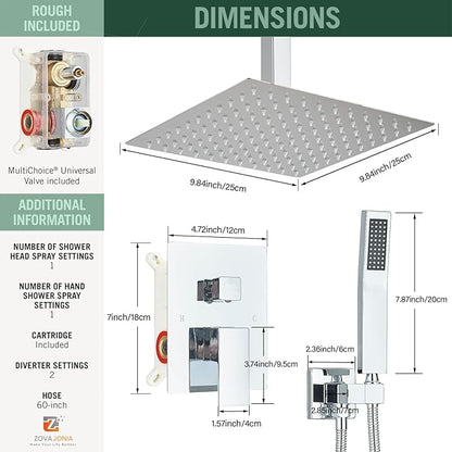 Shower Faucet Set Chrome Rain Shower System with High Pressure 10 Inches Rain Shower Head and Handheld Spray Bathroom Luxury Rain Mixer Shower Complete Combo Set Ceiling Mounted
