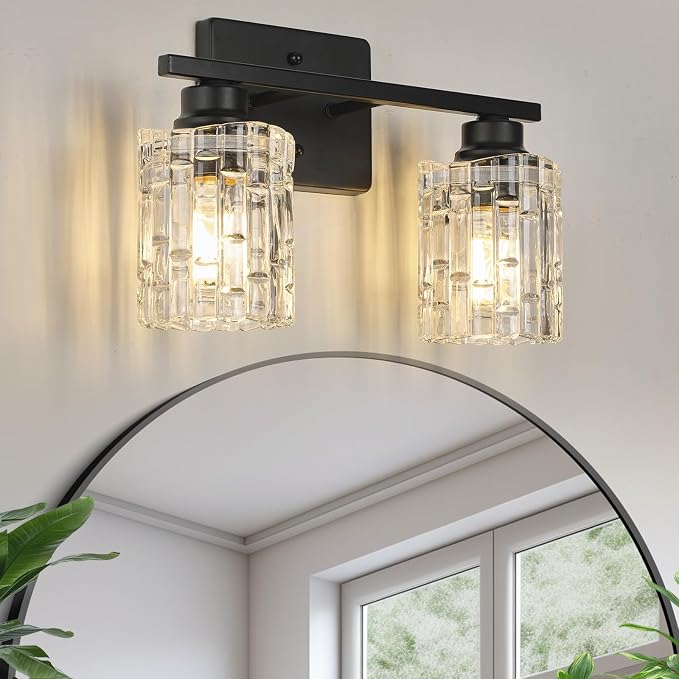Refice 2-Light Bathroom Vanity Lights Crystal Glass, Black | Bathroom Light Fixtures Vanity Lighting Over Mirror for Living Room Farmhouse, Hallway