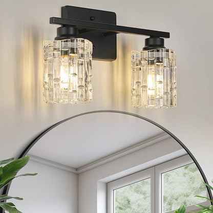 Refice 2-Light Bathroom Vanity Lights Crystal Glass, Black | Bathroom Light Fixtures Vanity Lighting Over Mirror for Living Room Farmhouse, Hallway